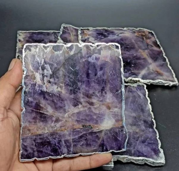 atural Amethyst Coasters - Set of 4 Handcrafted Coasters with Rose Gold, Silver, or Gold Plated Edges