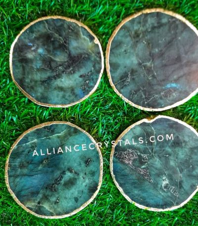 Natural Labradorite Coasters - Set of 4 Handcrafted Coasters with Rose Gold, Silver, or Gold Plated Edges