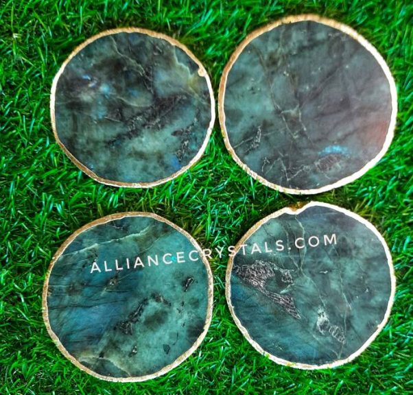 Natural Labradorite Coasters - Set of 4 Handcrafted Coasters with Rose Gold, Silver, or Gold Plated Edges