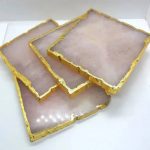 Square Rose Quartz Agate Coasters - Set of 4 Coasters with Rose Gold/Silver/Gold Plated