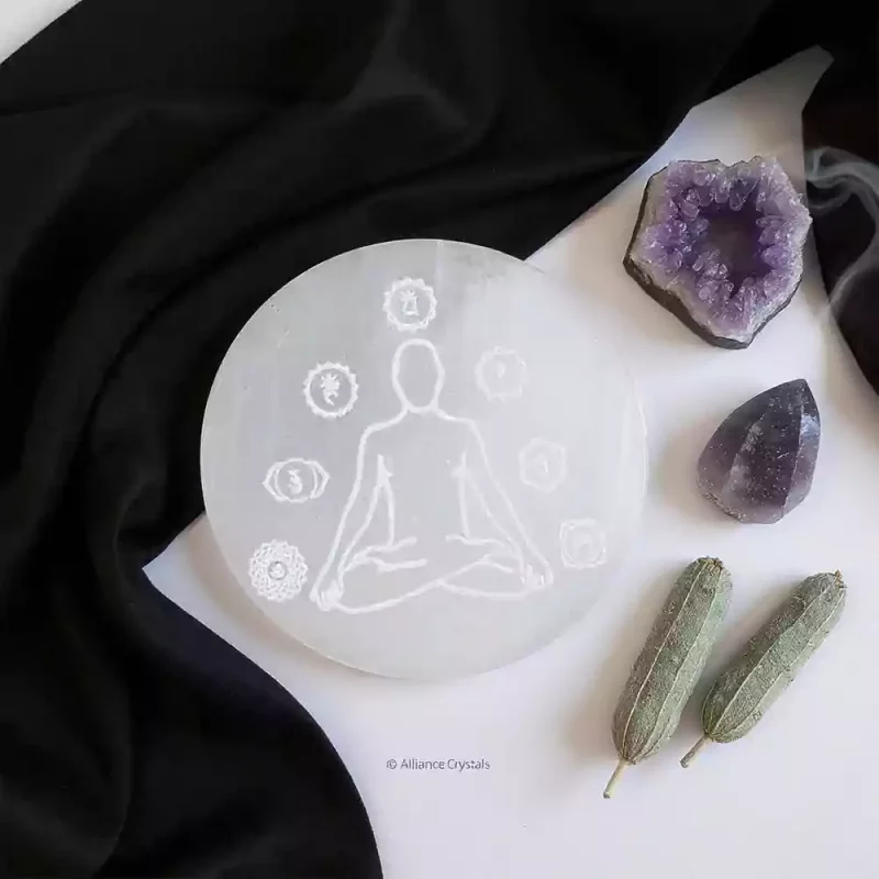 “Buddha Selenite Crystal Charging Plate for cleansing and charging crystals”