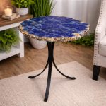 Round Lapis Lazuli Slice Accent Table with Black Metal Base